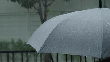 Rain on grey umbrella. Silver umbrella in the rain on evening Bangkok. video