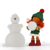 Cute curly red-haired rag doll girl sculpts snowman png