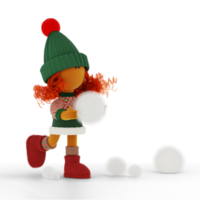 Cute curly red haired poppet girl playing snowballs png