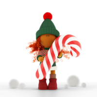 Cute curly red-haired rag doll gives big Christmas red and white candy cane png