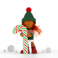 Cute curly red-haired rag doll with a big Christmas red green white candy cane png