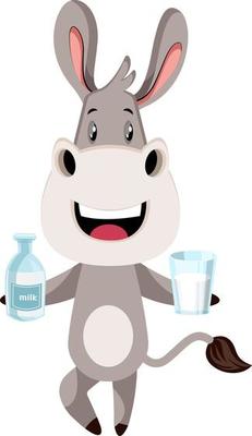 Donkey with milk, illustration, vector on white background.