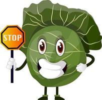 Cabbage is holding a stop sign, illustration, vector on white background.