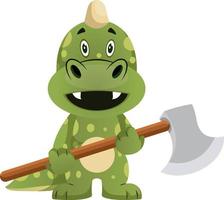 Green dragon is holding an axe, illustration, vector on white background.