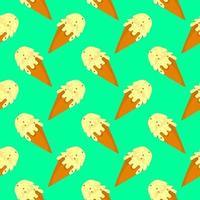Ice cream in a cone, seamless pattern on green background. vector