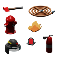 O conjunto de bombeiros renderizado em 3D inclui um machado, hidrante, capacete, fogo, alarme, mangueira de incêndio perfeita para projeto de design png