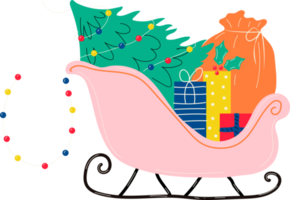 Christmas sleigh with gifts and Christmas tree.  Postcard png