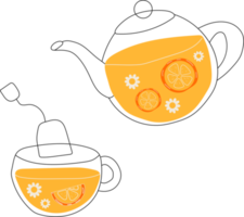 Tea with lemon and chamomile leaves, tea, cup, glass, flat illustration, set. All elements are isolated png