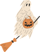A ghost with a pumpkin in his hands and on a broom.Hand drawn  illustration isolated on background. Modern flat cartoon style. png