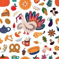 Thanksgiving pattern with Turkey and autumn food vector