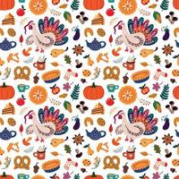 Thanksgiving pattern with Turkey and autumn food vector