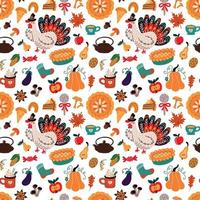 Thanksgiving pattern with Turkey and autumn food vector