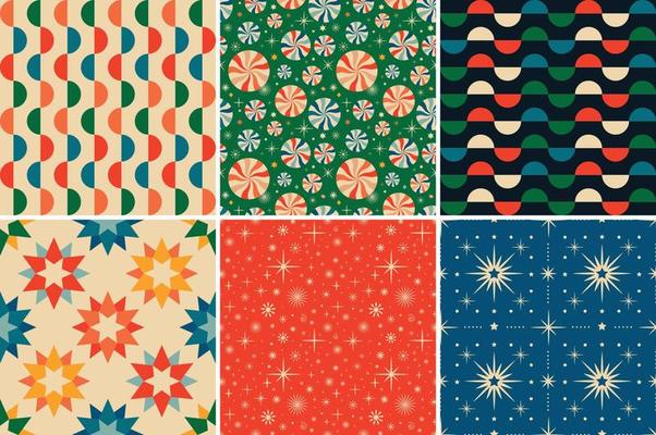 Vintage retro Christmas seamless patterns in the style of the 60s and 70s