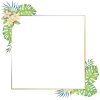 Golden frame with tropical flowers and leaves. Watercolor illustration for invitations, holiday card png