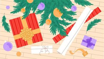 Christmas presents under christmas tree top view vector