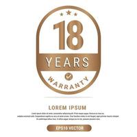 18 Year warranty vector art illustration in gold color with fantastic font and white background. Eps10 Vector