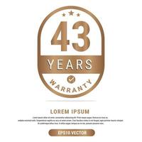 43 Year warranty vector art illustration in gold color with fantastic font and white background. Eps10 Vector