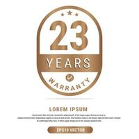 23 Year warranty vector art illustration in gold color with fantastic font and white background. Eps10 Vector