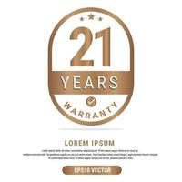 21 Year warranty vector art illustration in gold color with fantastic font and white background. Eps10 Vector