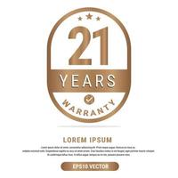 21 Year warranty vector art illustration in gold color with fantastic font and white background. Eps10 Vector