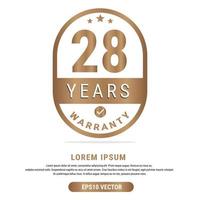 28 Year warranty vector art illustration in gold color with fantastic font and white background. Eps10 Vector