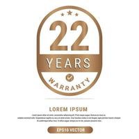 22 Year warranty vector art illustration in gold color with fantastic font and white background. Eps10 Vector