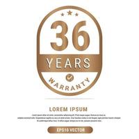 36 Year warranty vector art illustration in gold color with fantastic font and white background. Eps10 Vector