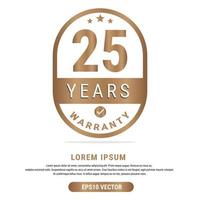 25 Year warranty vector art illustration in gold color with fantastic font and white background. Eps10 Vector