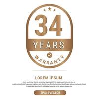 34 Year warranty vector art illustration in gold color with fantastic font and white background. Eps10 Vector