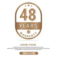 48 Year warranty vector art illustration in gold color with fantastic font and white background. Eps10 Vector