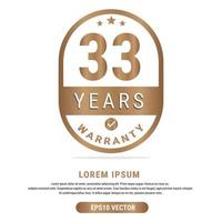 33 Year warranty vector art illustration in gold color with fantastic font and white background. Eps10 Vector