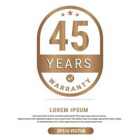 45 Year warranty vector art illustration in gold color with fantastic font and white background. Eps10 Vector