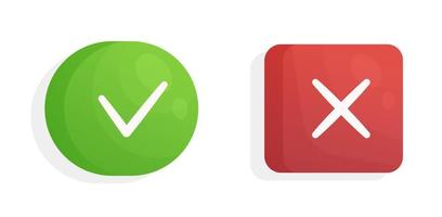 Set of two buttons green tick and red cross. vector