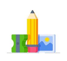 Pencil, eraser and sharpener on white background. vector