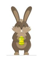 Standing rabbit with a ploughshare egg in its paws. Vector illustration banner for easter day.