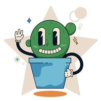 Retro cartoon cactus sticker in white gloves. Retro plant character Vector illustration of cactus mascot. Funny cactus with big eyes.