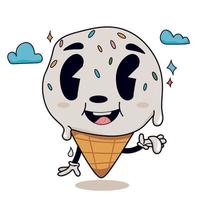 Retro cartoon ice cream isolated on white background. Groovy retro sticker with funny modern comic book character wearing white gloves. Doodle grunge vintage 1930s comic cartoon dessert vector