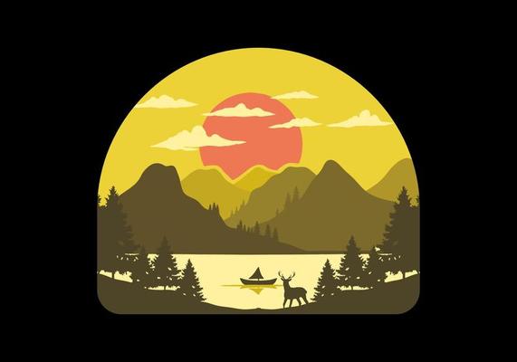 Landscape of the mountain view behind the lake with many pine trees and a deer