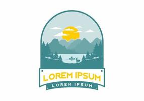 Landscape of the mountain view behind the lake with many pine trees and a deer vector