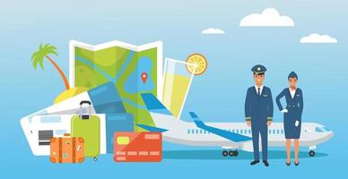 Bright banner on the theme of travel and flights. Set of elements luggage, tickets, plane, flight attendant, pilot. vector