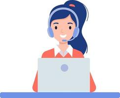 Girl in the headphones. Customer support center via phone. Mail operator service icons concept. Vector illustration in flat style