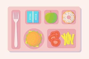 Set of elements for school lunch concept in flat style. Food for school students on a tray. vector