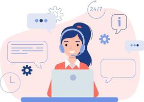 Girl in headphones sitting in front of laptop. The concept of online help, training and consulting clients. Vector illustration in flat design style.