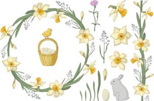 corona de narcisos y hierbas primaverales con la inscripción. canasta de pascua, huevos, liebre, pollo. adecuado para postales e invitaciones. vector