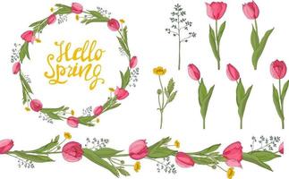 Wreath of tulips and spring herbs with the inscription. Suitable for postcards and invitations. vector