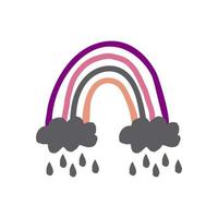 abstract rainbow with clouds and rain hand drawn in boho style. trending colors 2022. doodle. card, poster, icon, design decor element vector