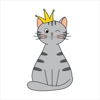 lindo gato gris en una corona. gráficos infantiles para postales, afiches, imprentas. ilustración vectorial aislado sobre fondo blanco vector