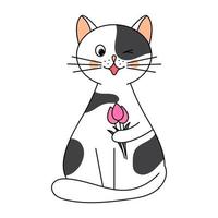 postal de primavera hola primavera. gato gracioso y lindo con un ramo de tulipanes rosas para imprimir en camisetas, almohadas. Ilustración vectorial sobre fondo blanco vector