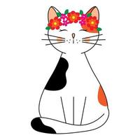 Cute cat in a wreath. Hi spring. Children's spring illustration in doodle style. Vector graphics