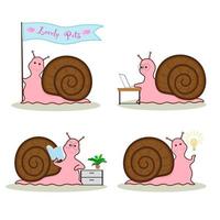 Vector drawing of pink and brown color Snail cartoon drawn, collection of 4 smiling snails characters, holding a flag, working on a laptop, reading a book, holding a lighting bulb